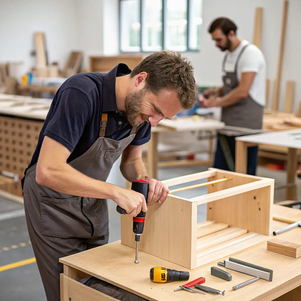 Instructor demonstrating furniture assembly techniques