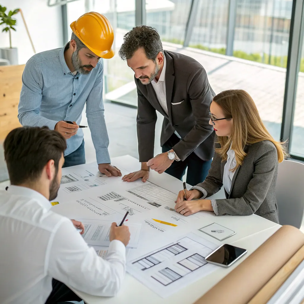 Team of experts discussing furniture assembly strategies at MARNETHIS